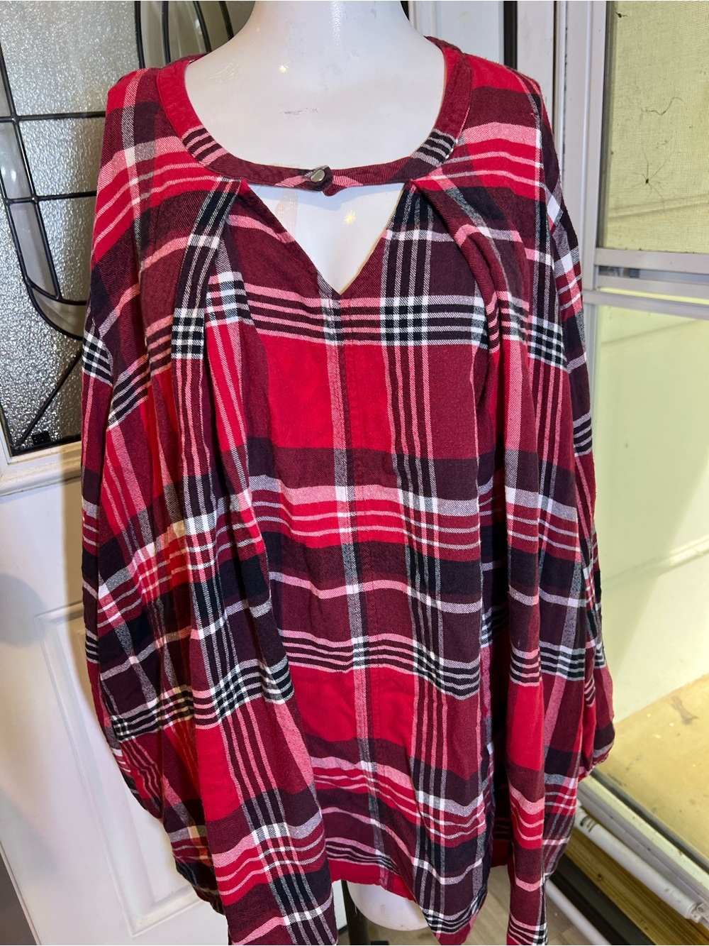 Lane Bryant Red Plaid Button-Notch Neck Blouse